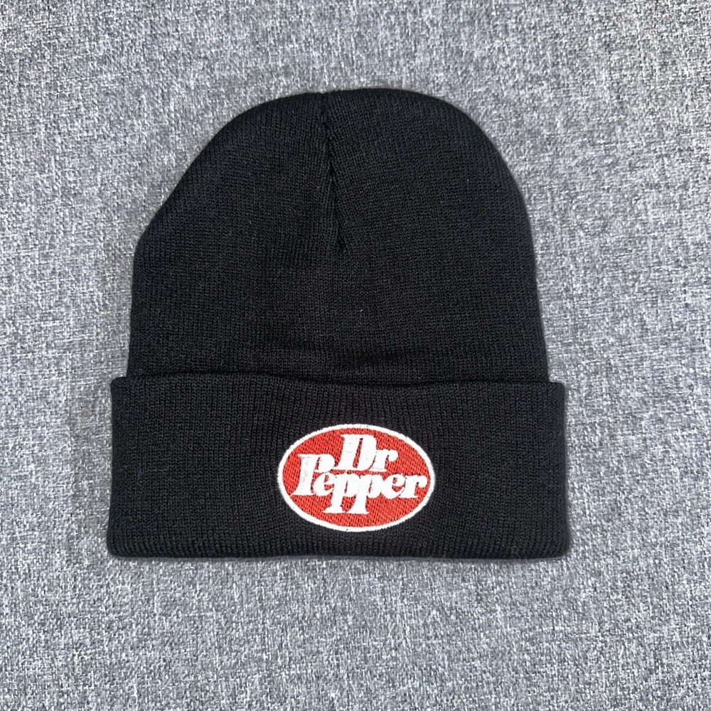 Dr‎ Pepper Beanie Black Knit Fold Cuff Hat with Embroidered Logo OSFM Adult NWOT